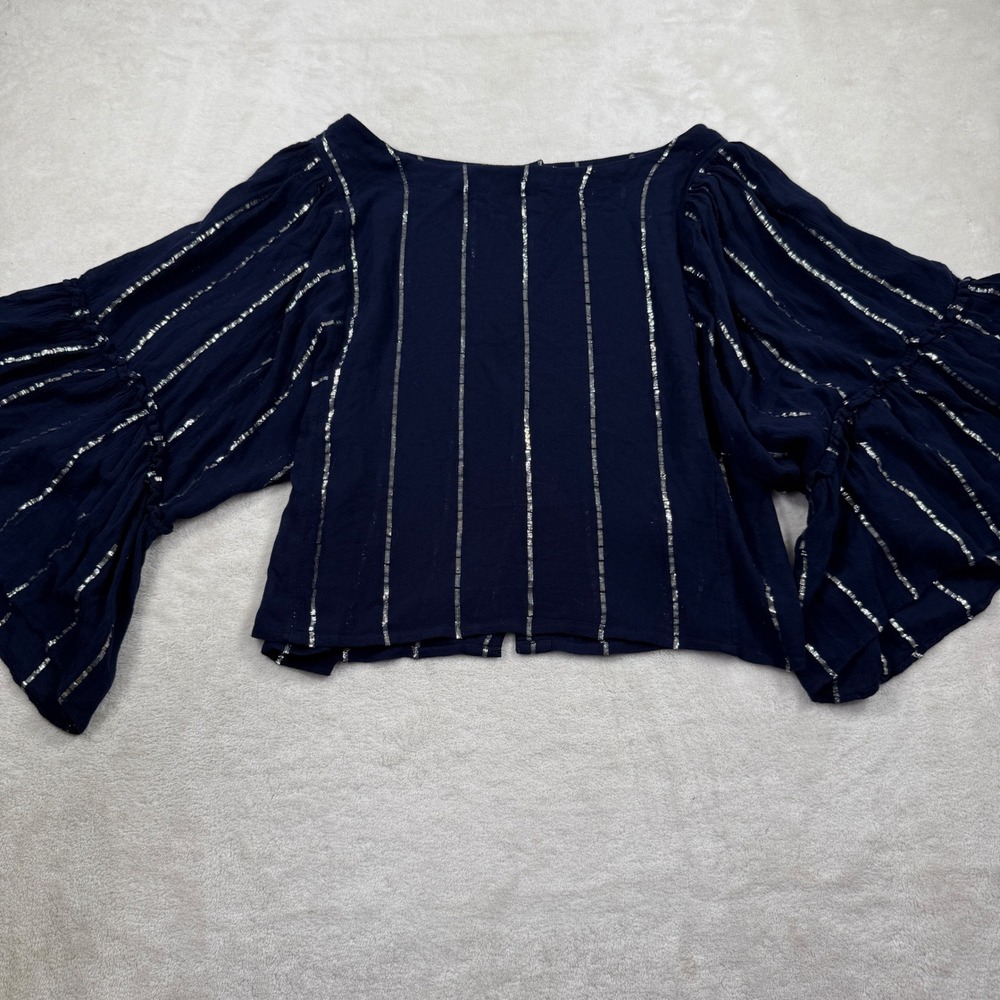 Floreat Anthropologie Navy Blue Silver Metallic Stripe Bell Sleeve Blouse L